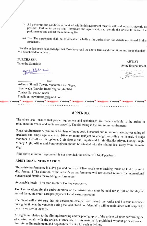 Agreement for Honey Singh's show that did not happen after the Acme Entertainment backed off.