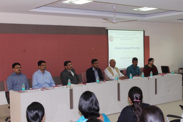 : L to R  Dr.A.J.Agrawal- Tutorial Chair , Dr.M.B.Chandak, Head CSE and General Chair , ICESC-2014 , Dr.V.S.Deshpande -Principal RCOEM, Dr. Pushpak Bhattacharya- Professor  IIT-Powai, Shri.Govindlal Agarwa- General Secretary, RCOEM, Dr.R.S.Pande- Vice Principal & General Chair ICESC-2014, Dr.(Mrs.)A. A. Khurshid- Conference Chair ICESC 2014  