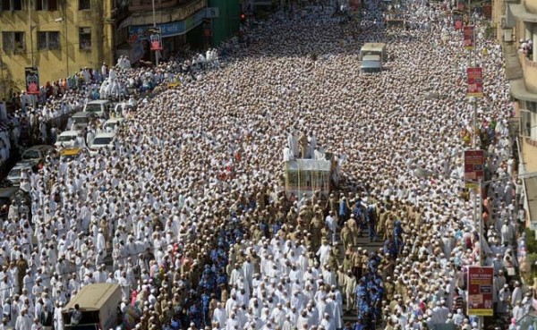 Indian Bohra Muslims take part in the funeral procession of their spiritual leader Syedna Mohammed Burhanuddin in Mumbai.