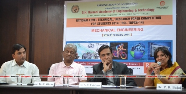 (From Left) Co-Convenor P G Charkha, Advisory Body Member and Executive Director of RGI Dr K K Dhote, Principal of GH Raisoni Academy of Engineering & Technology & Convenor Dr S R Vaishnav and Director of RGI Preeti Bajaj adressing the press meet.